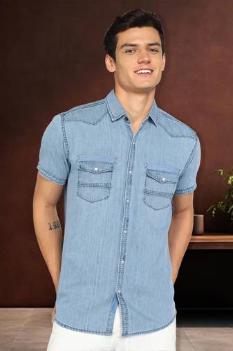  men's denim double pocket casual shirt | half sleeves shirt for men 