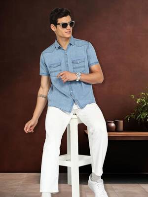   men's denim double pocket casual shirt | half sleeves shirt for men   3
