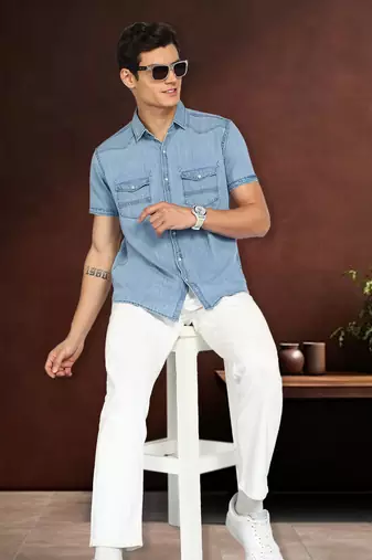   men's denim double pocket casual shirt | half sleeves shirt for men  