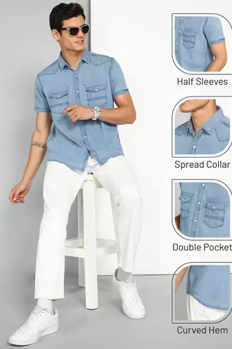   men's denim double pocket casual shirt | half sleeves shirt for men  