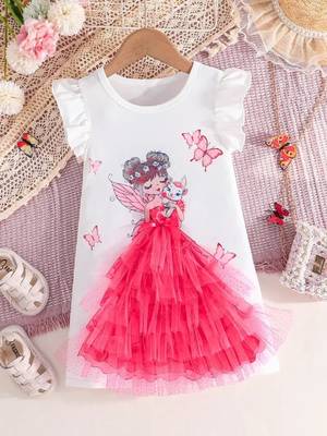 Pink color printed polyester a-line style dresses 1