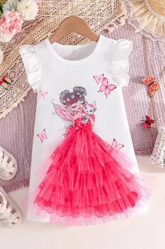 Pink color printed polyester a-line style dresses