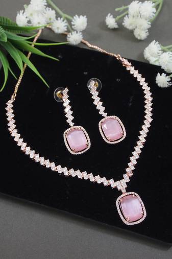  cubic zirconia american diamond valentines special necklace with drop earrings jewellery set for women