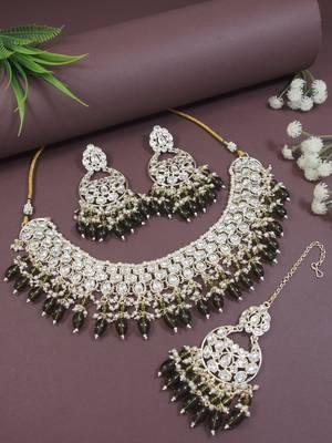 traditional kundan & pearl choker necklace with dangle earrings & maang tikka jewellery set for women 1