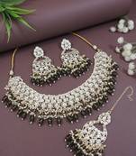 traditional kundan & pearl choker necklace with dangle earrings & maang tikka jewellery set for women