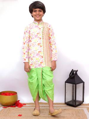 Twisha full sleeves beach print overlap kurta & dhoti - white & limegreen 2