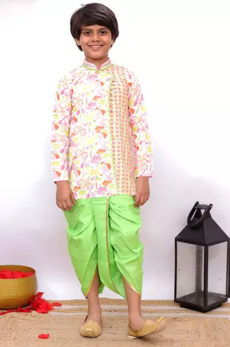 Twisha full sleeves beach print overlap kurta & dhoti - white & limegreen