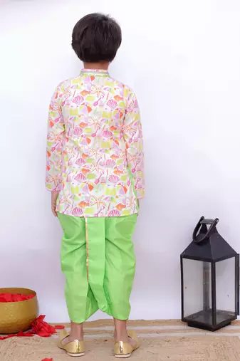 Twisha full sleeves beach print overlap kurta & dhoti - white & limegreen