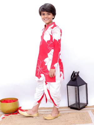 Twisha full sleeves daisies print kurta & dhoti- red & white 1