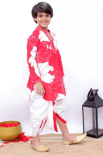 Twisha full sleeves daisies print kurta & dhoti- red & white