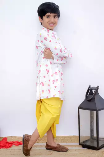 Twisha full sleeves famigo print kurta & dhoti- white & yellow