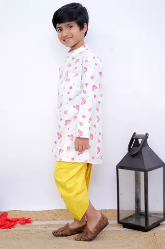 Twisha full sleeves famigo print kurta & dhoti- white & yellow