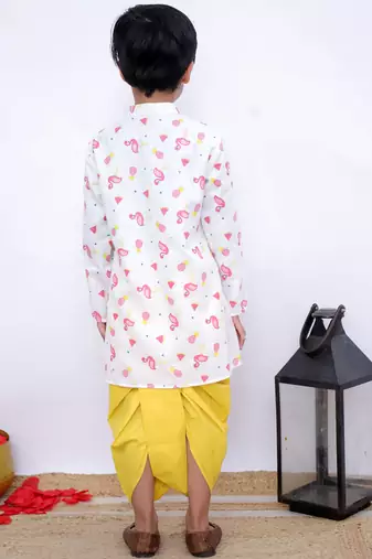 Twisha full sleeves famigo print kurta & dhoti- white & yellow