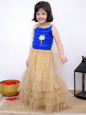 blue & beige sleeveless floral applique ruffle top &  embellished chania with dupatta set 1