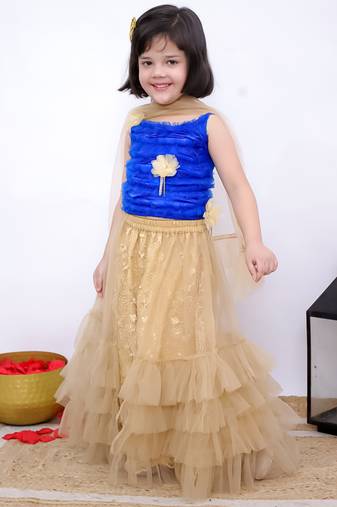 blue & beige sleeveless floral applique ruffle top &  embellished chania with dupatta set
