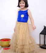 blue & beige sleeveless floral applique ruffle top &  embellished chania with dupatta set