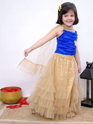 blue & beige sleeveless floral applique ruffle top &  embellished chania with dupatta set 2