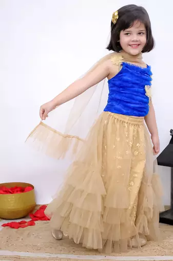 blue & beige sleeveless floral applique ruffle top &  embellished chania with dupatta set