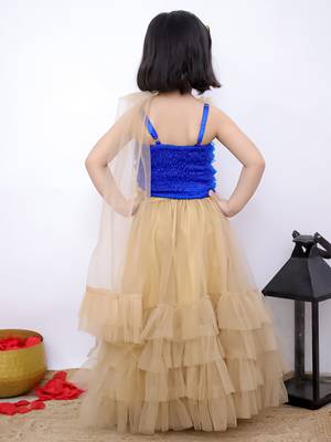 blue & beige sleeveless floral applique ruffle top &  embellished chania with dupatta set 3