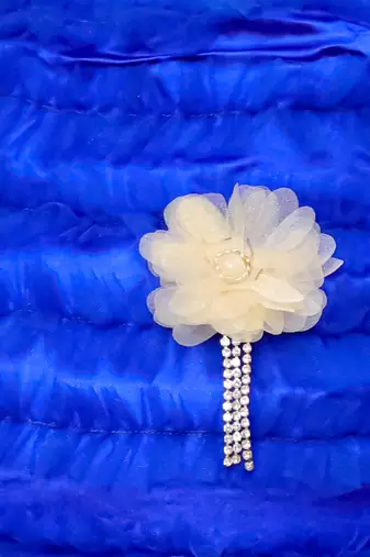 blue & beige sleeveless floral applique ruffle top &  embellished chania with dupatta set