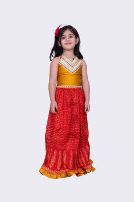 Twisha mustard & red halter neck jacquard top and art silk crushed ghaghra 1