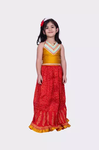 Twisha mustard & red halter neck jacquard top and art silk crushed ghaghra