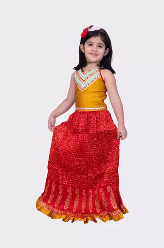 Twisha mustard & red halter neck jacquard top and art silk crushed ghaghra