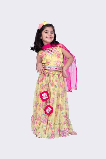 Twisha yellow sleeveless floral printed v neck back open ghaghra choli 
