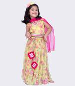 Twisha yellow sleeveless floral printed v neck back open ghaghra choli 