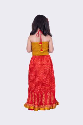 Twisha mustard & red halter neck jacquard top and art silk crushed ghaghra 5