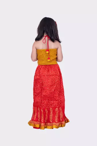 Twisha mustard & red halter neck jacquard top and art silk crushed ghaghra