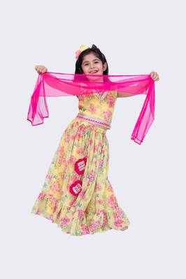 Twisha yellow sleeveless floral printed v neck back open ghaghra choli  2