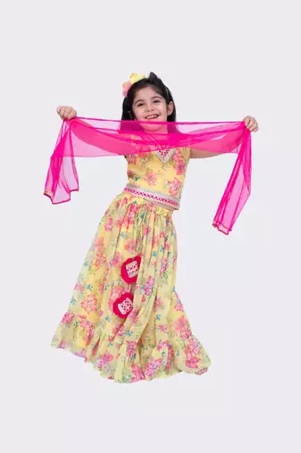 Twisha yellow sleeveless floral printed v neck back open ghaghra choli 