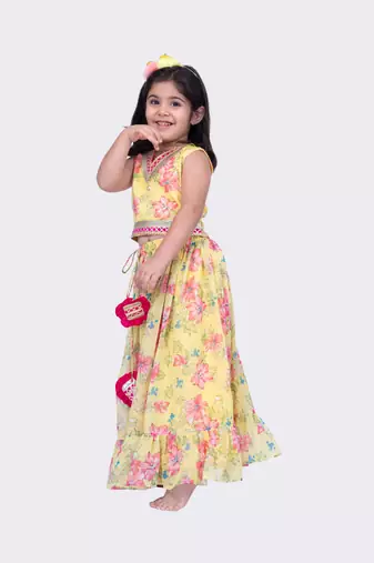 Twisha yellow sleeveless floral printed v neck back open ghaghra choli 