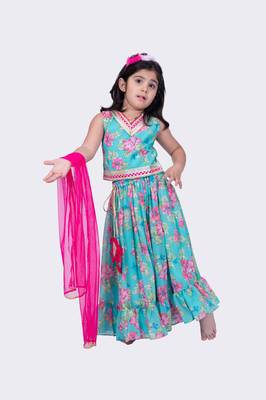 Twisha sea green sleeveless floral printed v neck back open ghagra choli 1