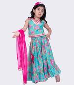 Twisha sea green sleeveless floral printed v neck back open ghagra choli