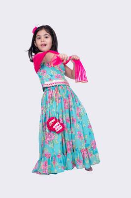 Twisha sea green sleeveless floral printed v neck back open ghagra choli 2
