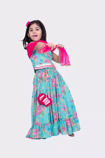 Twisha sea green sleeveless floral printed v neck back open ghagra choli