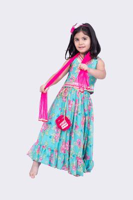 Twisha sea green sleeveless floral printed v neck back open ghagra choli 3