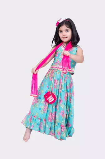 Twisha sea green sleeveless floral printed v neck back open ghagra choli