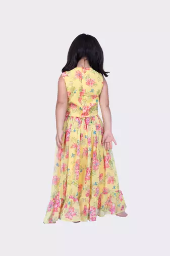 Twisha yellow sleeveless floral printed v neck back open ghaghra choli 