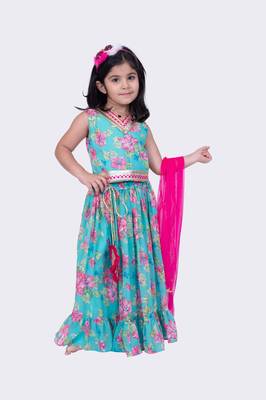 Twisha sea green sleeveless floral printed v neck back open ghagra choli 4