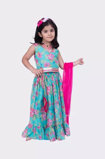 Twisha sea green sleeveless floral printed v neck back open ghagra choli
