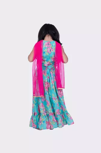 Twisha sea green sleeveless floral printed v neck back open ghagra choli