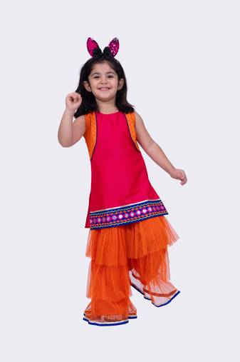 Twisha pink orange sleeveless polyester mock jacket embroidered top with sharara