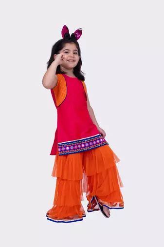 Twisha pink orange sleeveless polyester mock jacket embroidered top with sharara