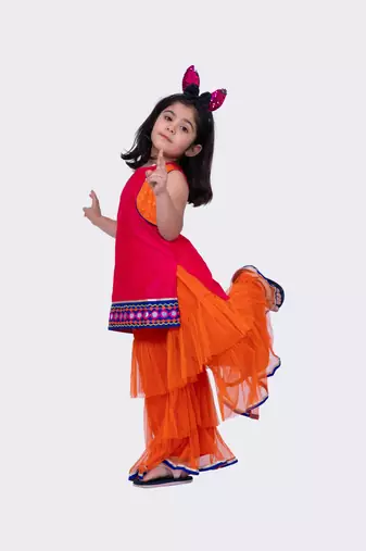 Twisha pink orange sleeveless polyester mock jacket embroidered top with sharara