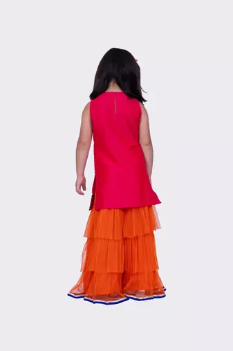 Twisha pink orange sleeveless polyester mock jacket embroidered top with sharara