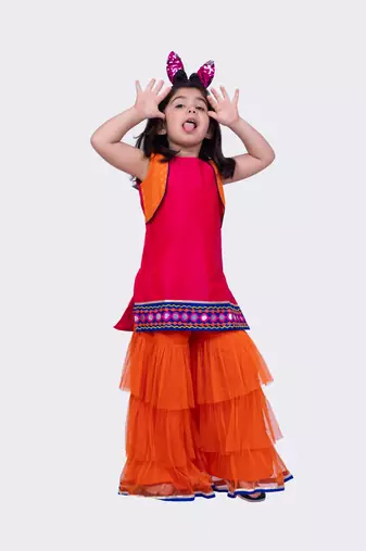 Twisha pink orange sleeveless polyester mock jacket embroidered top with sharara