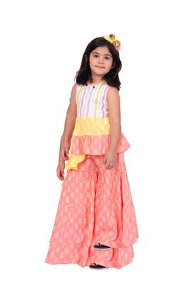 Twisha white & coral sleeveless asymmetric rayon embroidered top with sharara 1